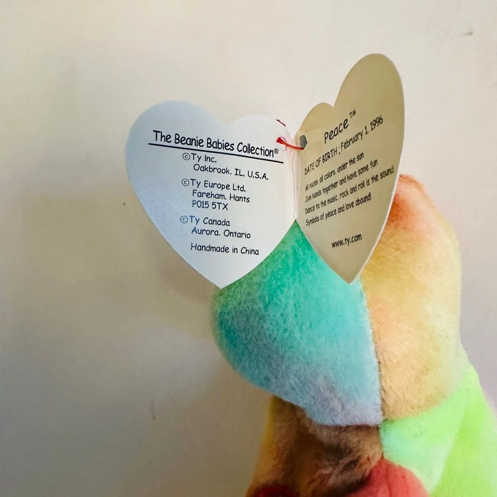 Ty Peace Bear Beanie Baby PVC Pellets Tag Errors No UK, Comma Rare Tie Dye